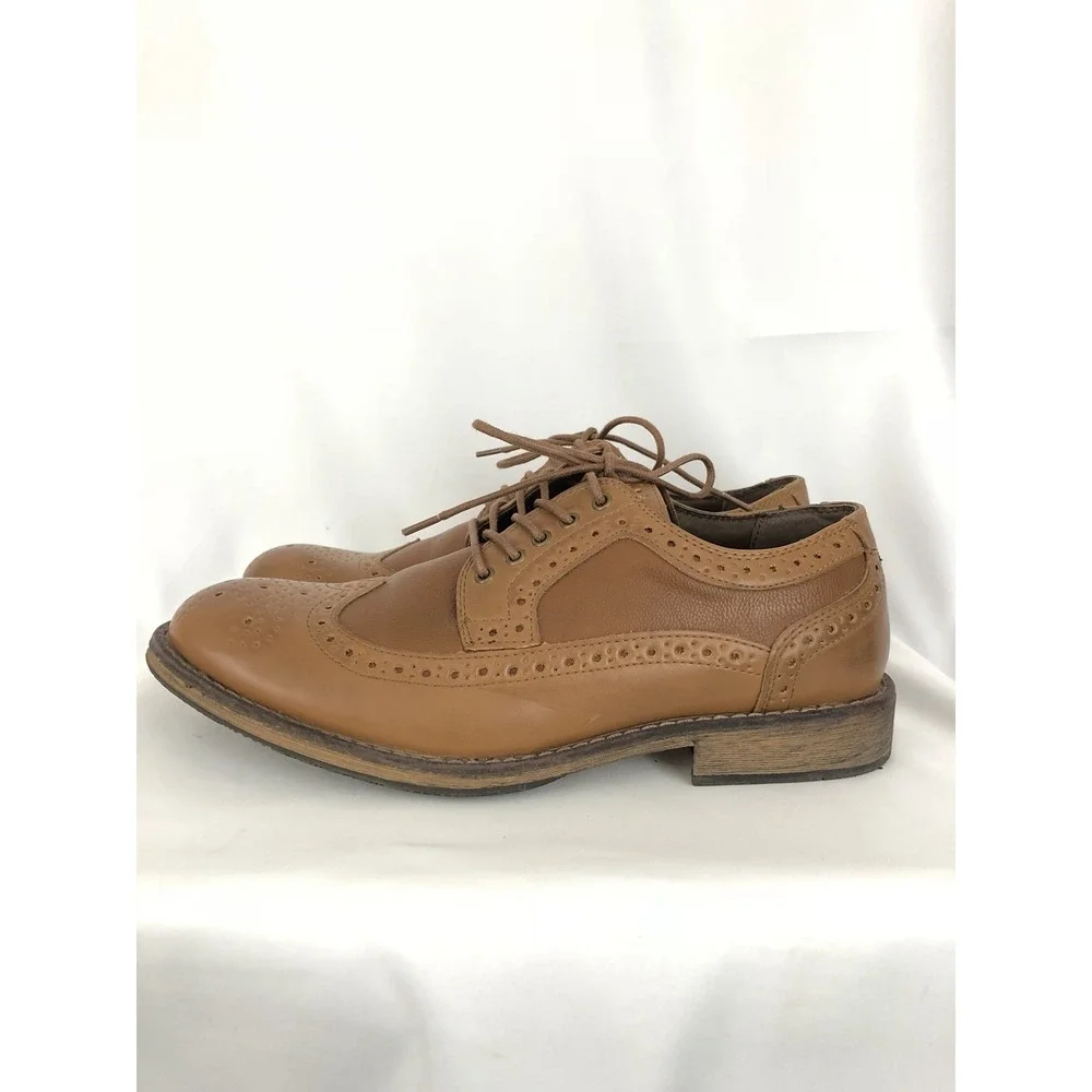 Report Mens Wing Tip Slip On Perforated Tan Brown Oxford Dress Shoe 9 M‎ Mint